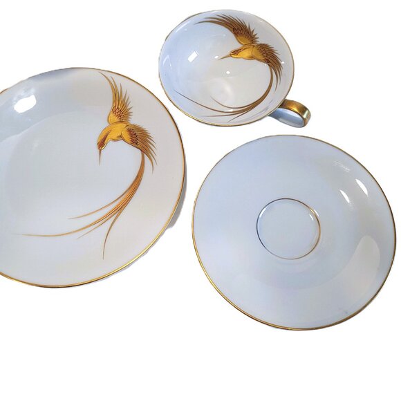 H&C SELB Bavaria Germany Hand-Painted Gold Bird in Flight Cup Saucer Plate - Picture 4 of 12